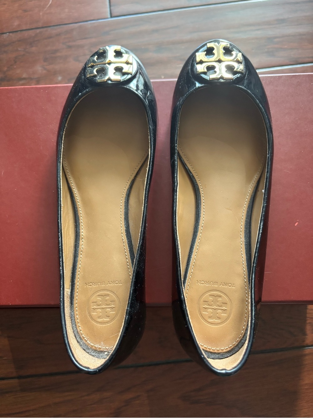 Tory Burch Black Patent Leather Logo Toe Ballet Flats